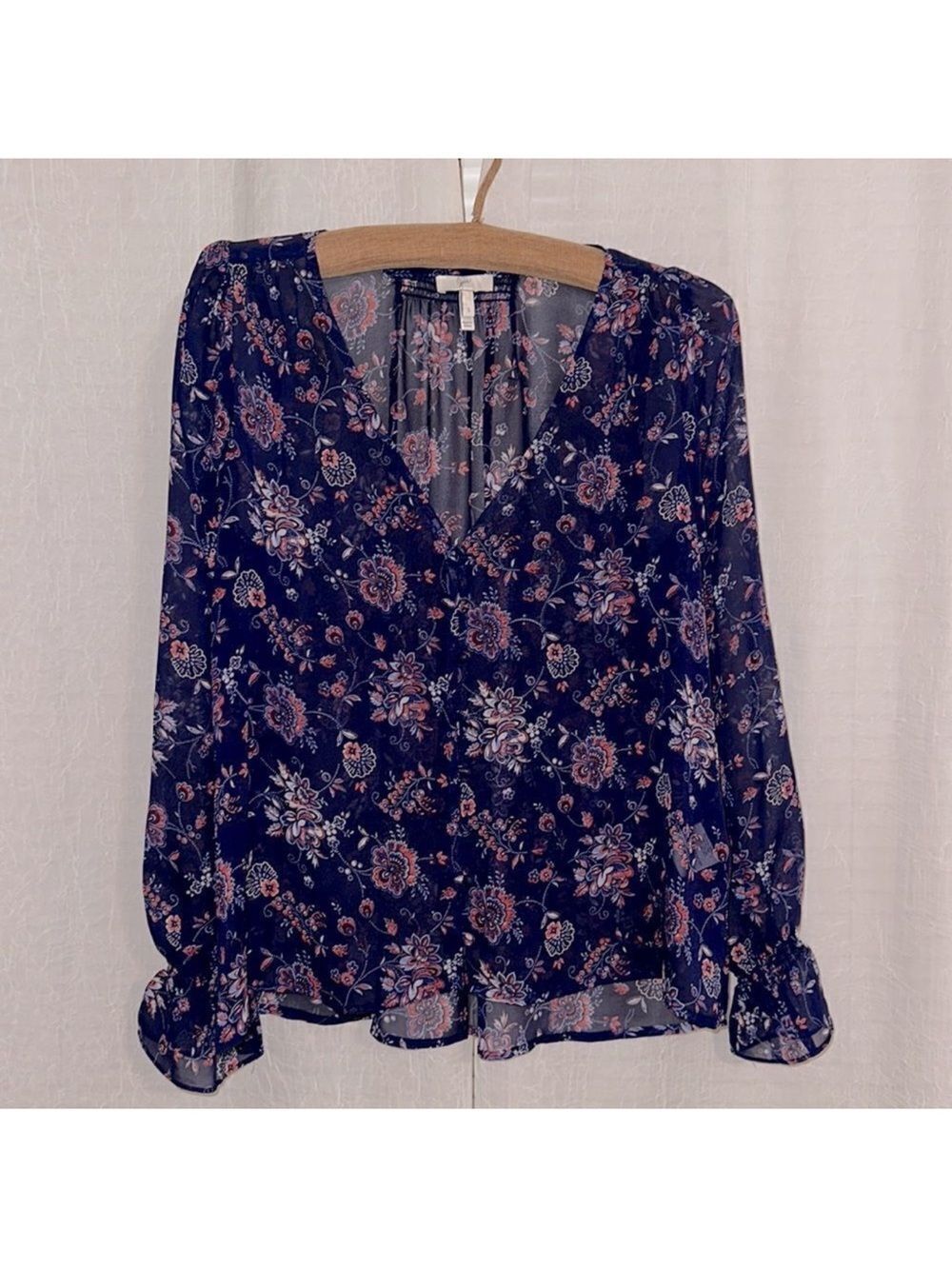 Joie x Anthro S Navy Floral Silk Romantic Button Front Ruched Back Long Sl Top